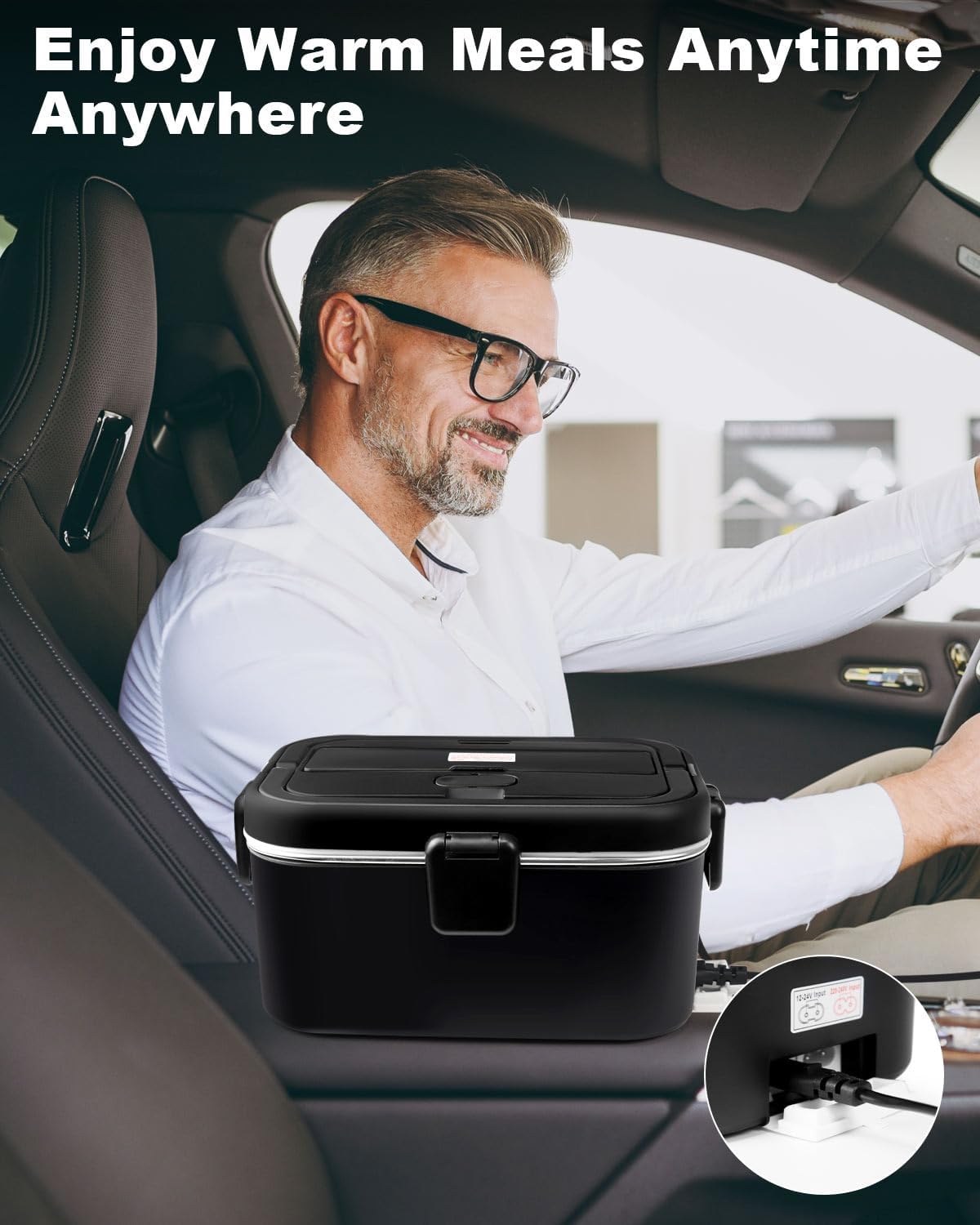 AUTOPkio Electric Lunch Box for Adults, 1.8L Portable Food Warmer 12V/24V/110V 80W Heating Lunch Box with Fork Spoon Carry Bag for Car Truck Office Work (Black)