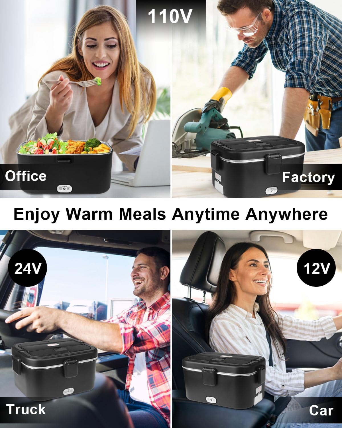 AUTOPkio Electric Lunch Box for Adults, 1.8L Portable Food Warmer 12V/24V/110V 80W Heating Lunch Box with Fork Spoon Carry Bag for Car Truck Office Work (Black)