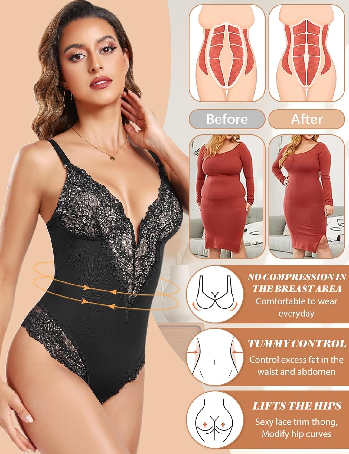 RITOSTA Lace Bodysuit for Women's Shapewear Tummy Control Mesh Sexy Shaping Thong V Neck Sleeveless Leotard Corset Top Bodyshaper Fajas Body Shaper