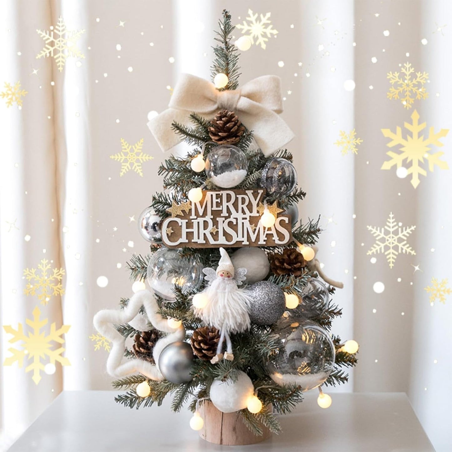 Tabletop Christmas Tree 17.7 Inch Mini Lighted Christmas Tree Christmas with Ornaments Balls Dolls Bow Tabletop Artificial Christmas Tree Christmas Decorations Indoor Christmas Decor