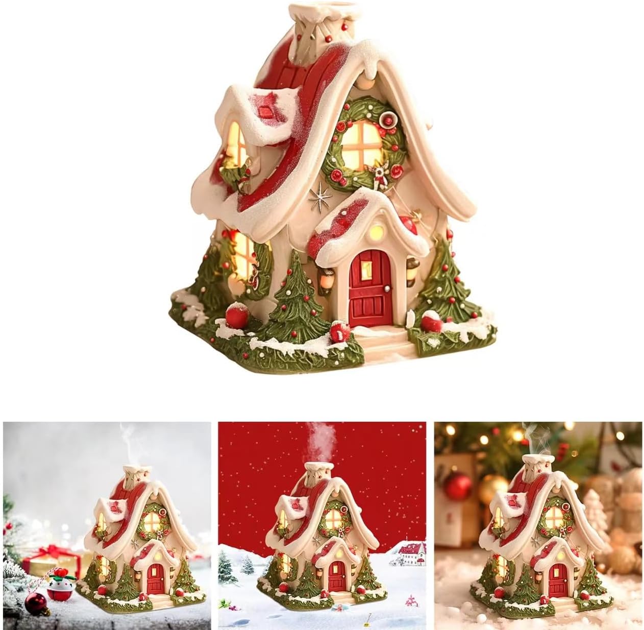 Christmas Snow Tree Village Public House LED Light Up Figurine, Christmas Glow Snow Cabin Tabletop Decoration, Christmas Tree Collection Miniature Village Shoppes Built-in Candle (Red)