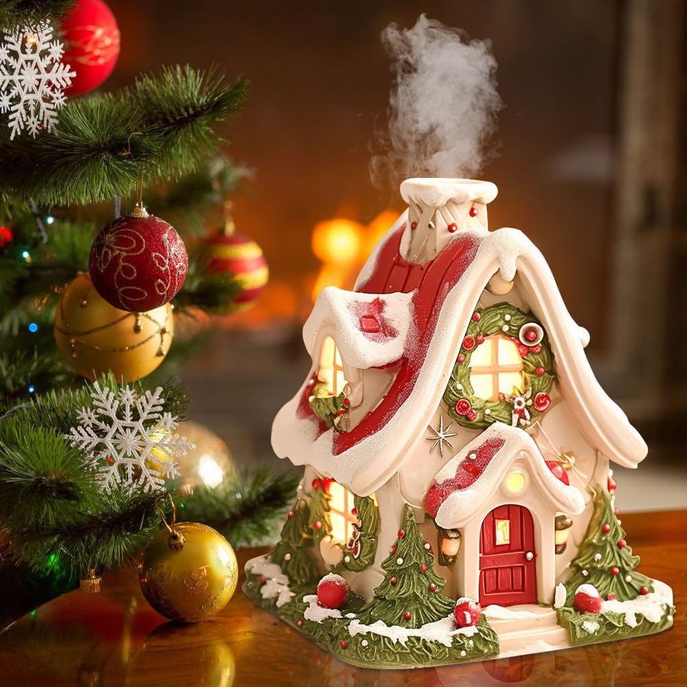 Christmas Snow Tree Village Public House LED Light Up Figurine, Christmas Glow Snow Cabin Tabletop Decoration, Christmas Tree Collection Miniature Village Shoppes Built-in Candle (Red)