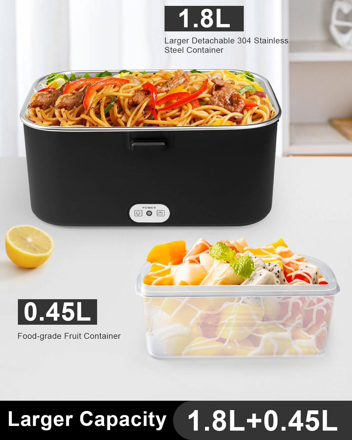 AUTOPkio Electric Lunch Box for Adults, 1.8L Portable Food Warmer 12V/24V/110V 80W Heating Lunch Box with Fork Spoon Carry Bag for Car Truck Office Work (Black)