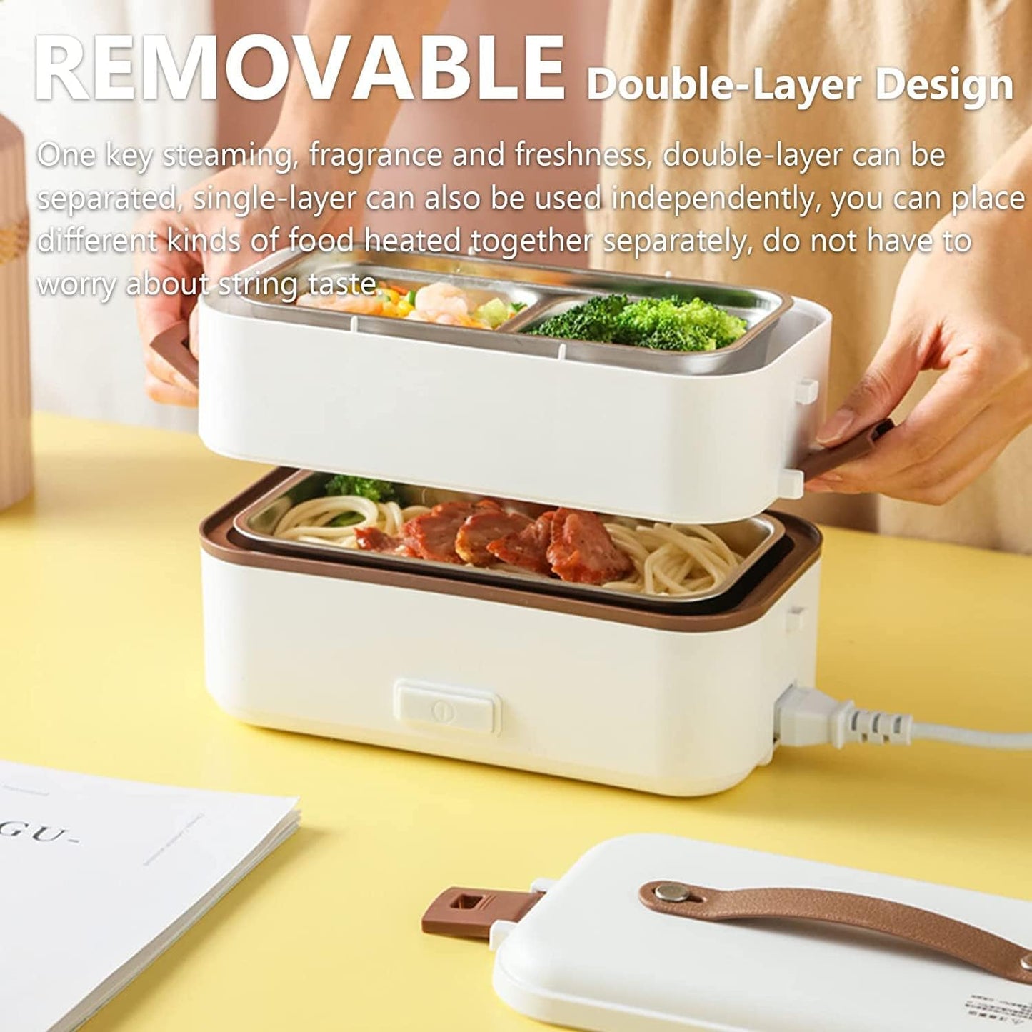 Electric Lunch Box, Portable Food Warmer for Home Office School, 2 Layers Steamer Lunch Box 20 Minutes Rapid Heating with Removable Stainless Steel Container, Auto Off(0.8L/110V)