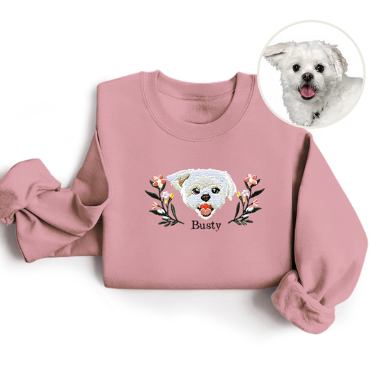 Custom Embroidered Sweatshirt With Pet Portrait  Flower