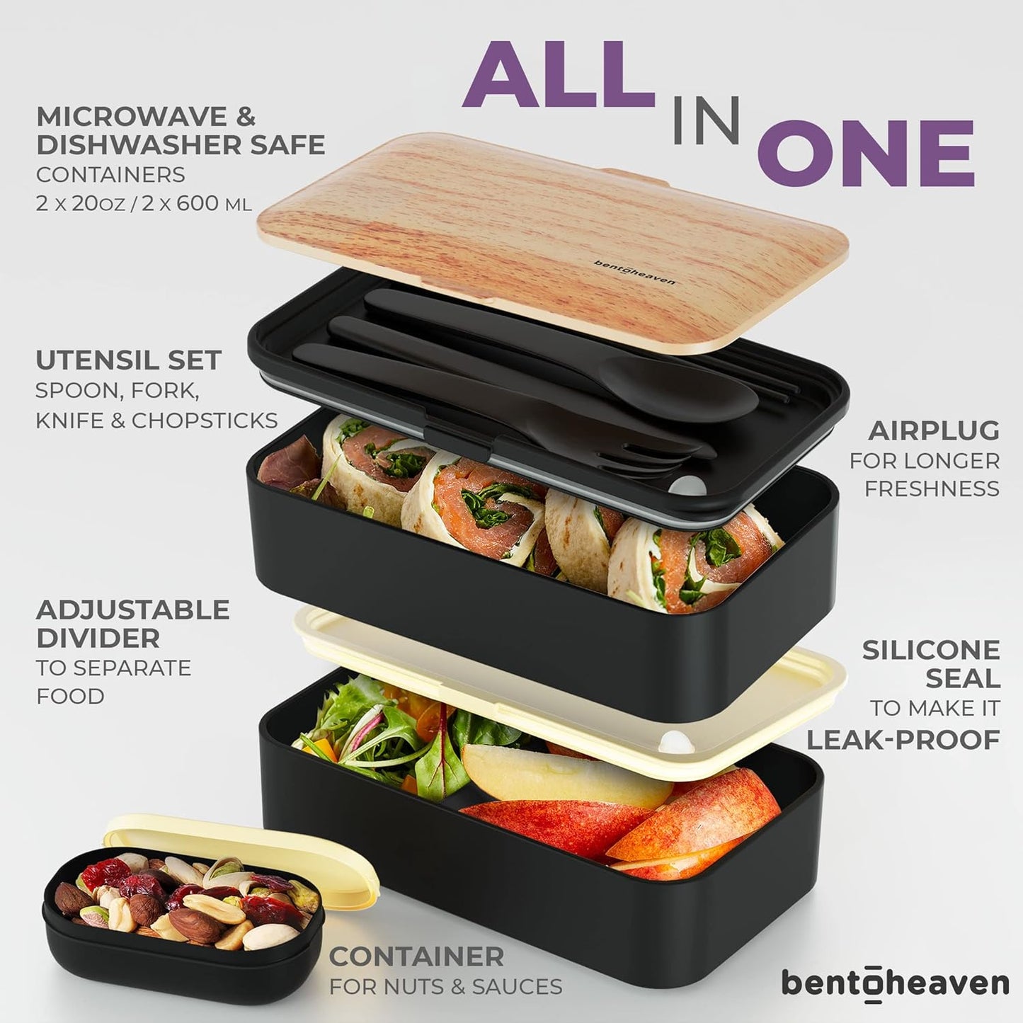 Bentoheaven Premium Bento Box Adult Lunch Box with 2 Compartments (40oz), Cutlery & Set of Chopsticks, Large Dip Container, Cute Black Japanese Bento Box, Rectangle, Microwavable (Outer Space)