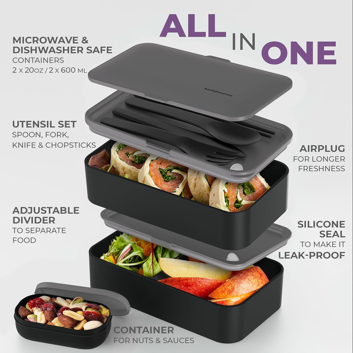 Bentoheaven Premium Bento Box Adult Lunch Box with 2 Compartments (40oz), Cutlery & Set of Chopsticks, Large Dip Container, Cute Black Japanese Bento Box, Rectangle, Microwavable (Outer Space)