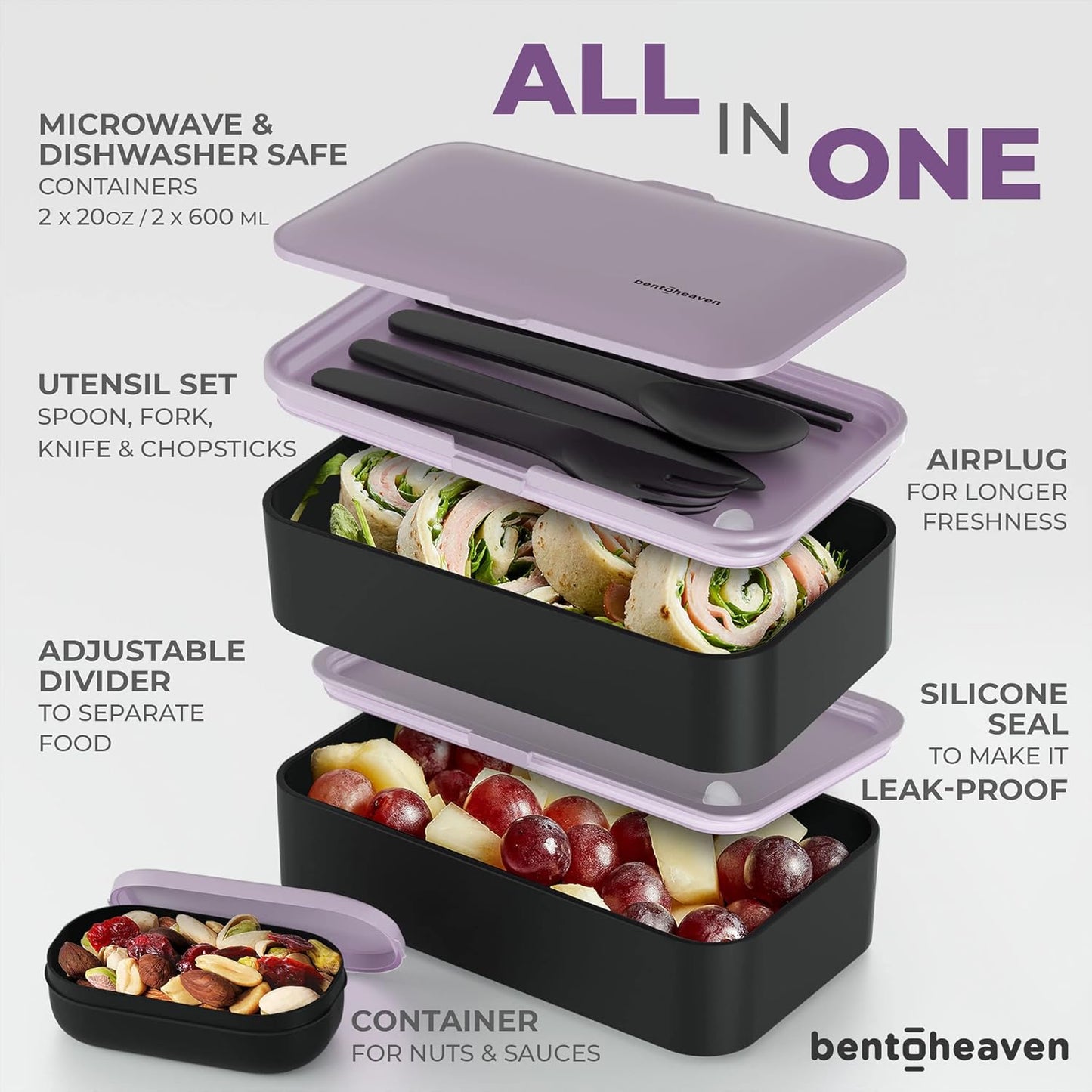 Bentoheaven Premium Bento Box Adult Lunch Box with 2 Compartments (40oz), Cutlery & Set of Chopsticks, Large Dip Container, Cute Black Japanese Bento Box, Rectangle, Microwavable (Outer Space)