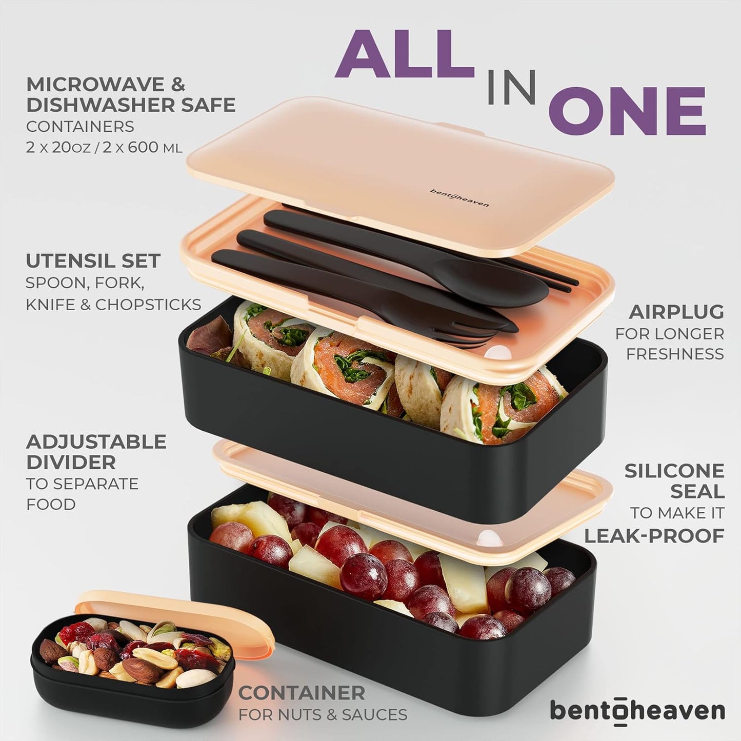 Bentoheaven Premium Bento Box Adult Lunch Box with 2 Compartments (40oz), Cutlery & Set of Chopsticks, Large Dip Container, Cute Black Japanese Bento Box, Rectangle, Microwavable (Outer Space)