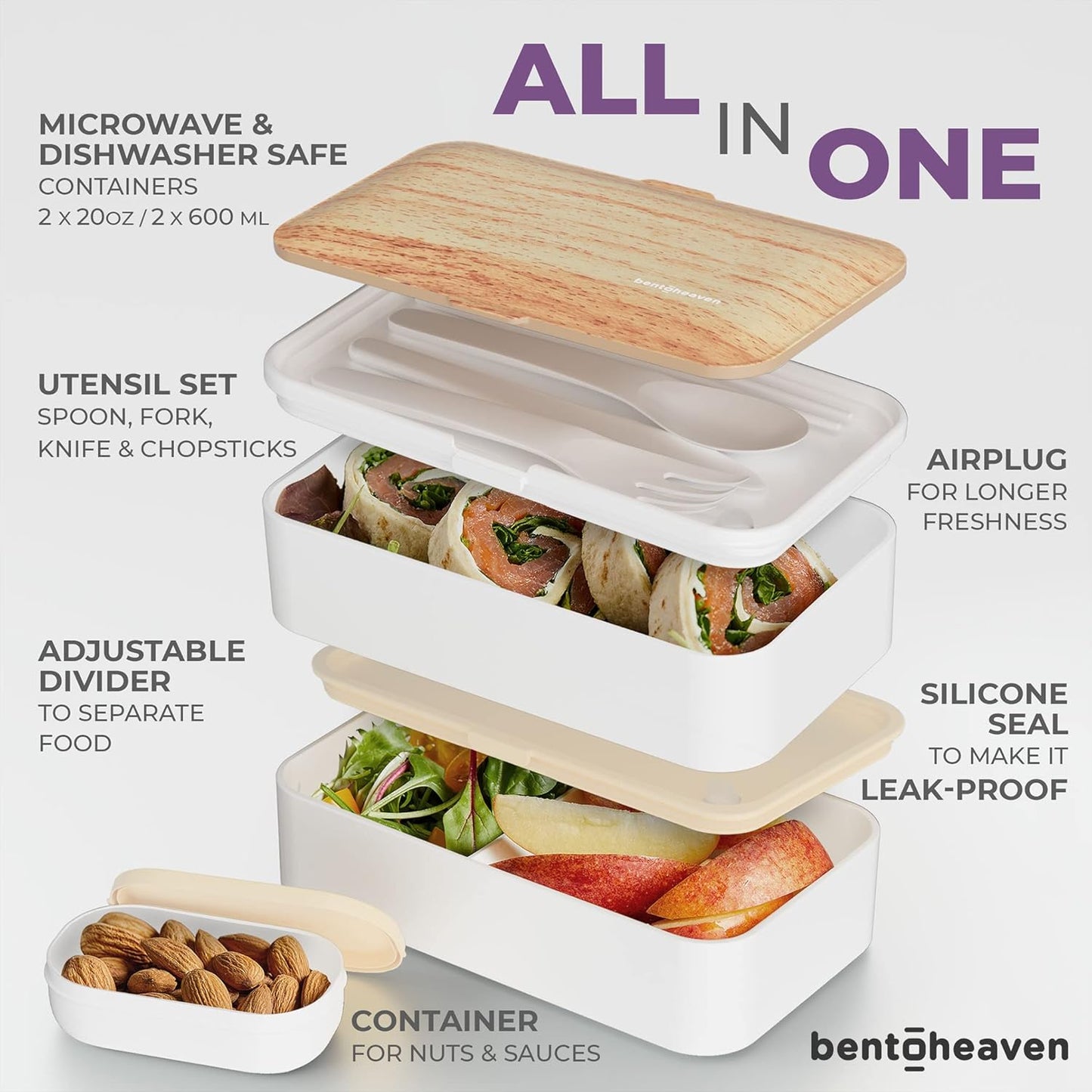 Bentoheaven Premium Bento Box Adult Lunch Box with 2 Compartments (40oz), Cutlery & Set of Chopsticks, Large Dip Container, Cute Black Japanese Bento Box, Rectangle, Microwavable (Outer Space)