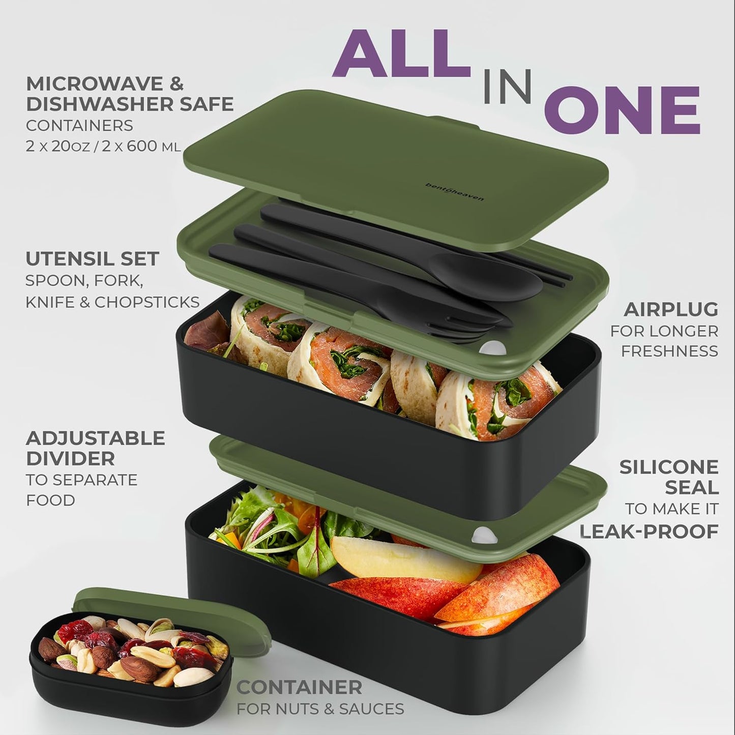 Bentoheaven Premium Bento Box Adult Lunch Box with 2 Compartments (40oz), Cutlery & Set of Chopsticks, Large Dip Container, Cute Black Japanese Bento Box, Rectangle, Microwavable (Outer Space)