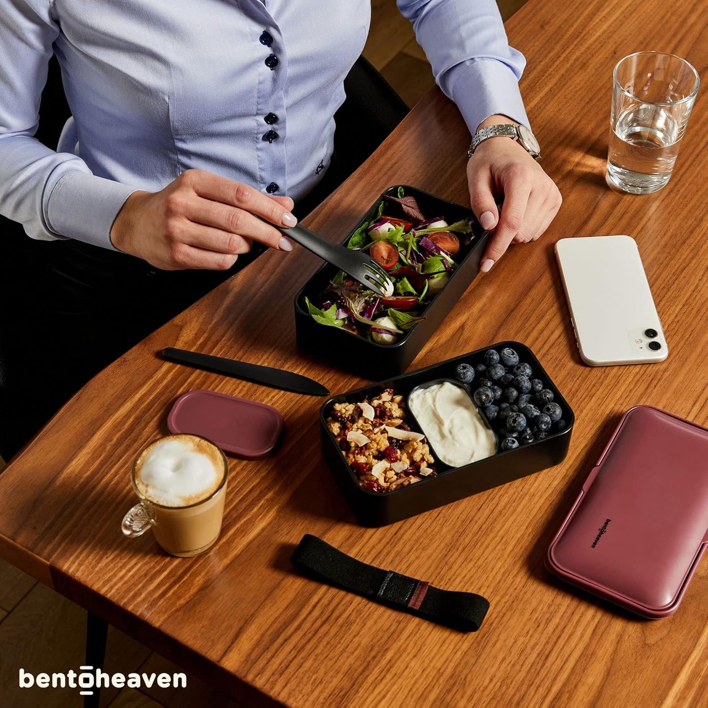 Bentoheaven Premium Bento Box Adult Lunch Box with 2 Compartments (40oz), Cutlery & Set of Chopsticks, Large Dip Container, Cute Black Japanese Bento Box, Rectangle, Microwavable (Outer Space)