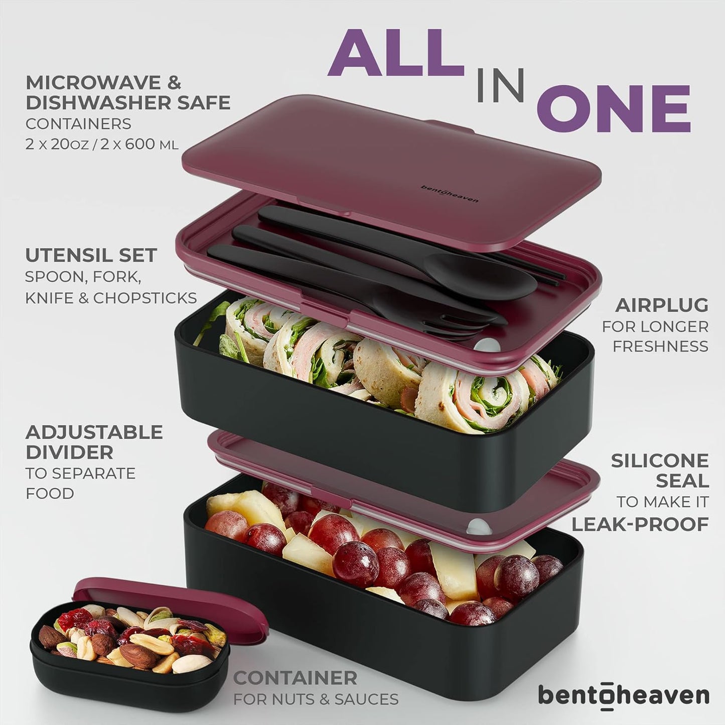 Bentoheaven Premium Bento Box Adult Lunch Box with 2 Compartments (40oz), Cutlery & Set of Chopsticks, Large Dip Container, Cute Black Japanese Bento Box, Rectangle, Microwavable (Outer Space)