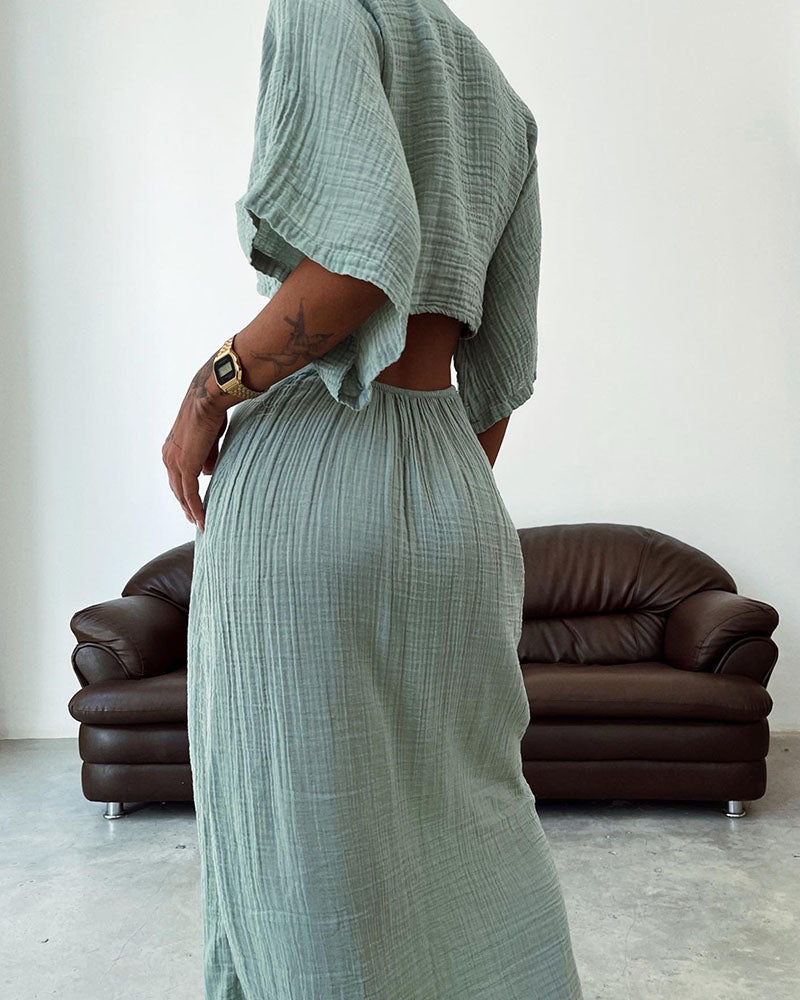 Lace-up exposed waist cotton and linen dress