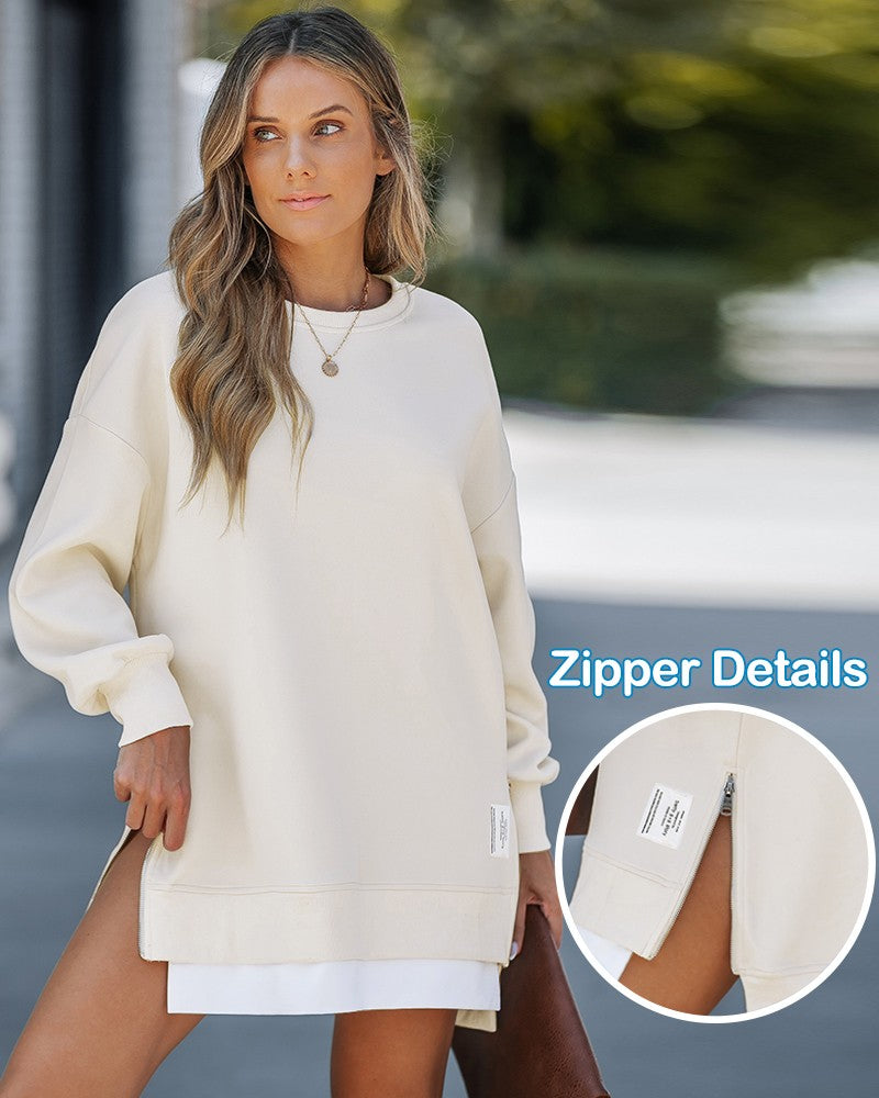 Long Sleeve Pullover Sweatshirt Zipper Slit Casual Dress