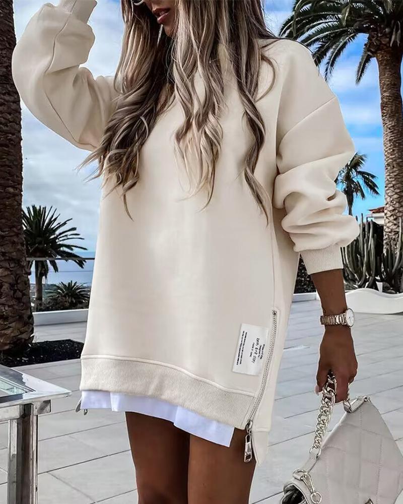 Long Sleeve Pullover Sweatshirt Zipper Slit Casual Dress