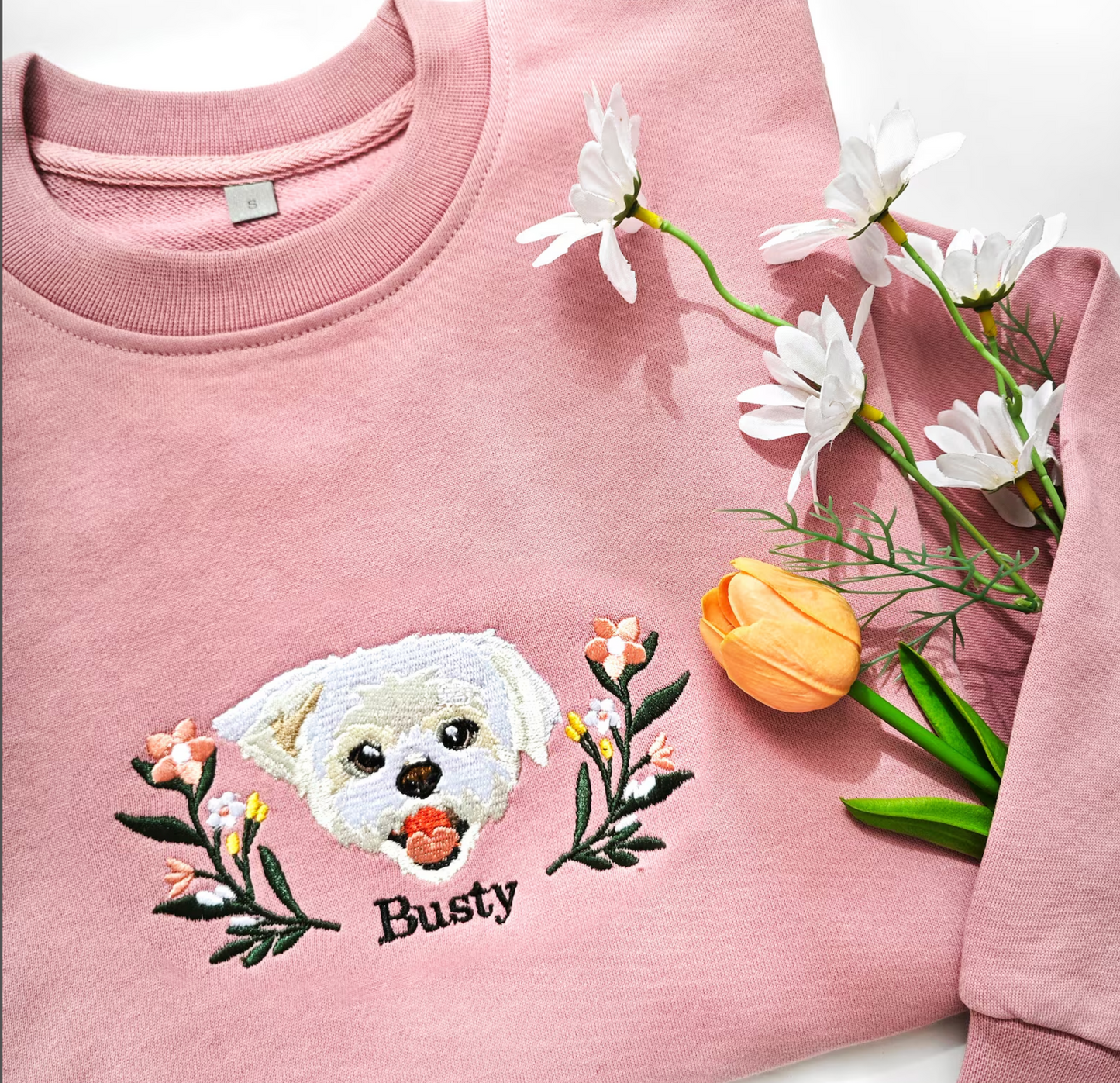 Custom Embroidered Sweatshirt With Pet Portrait  Flower