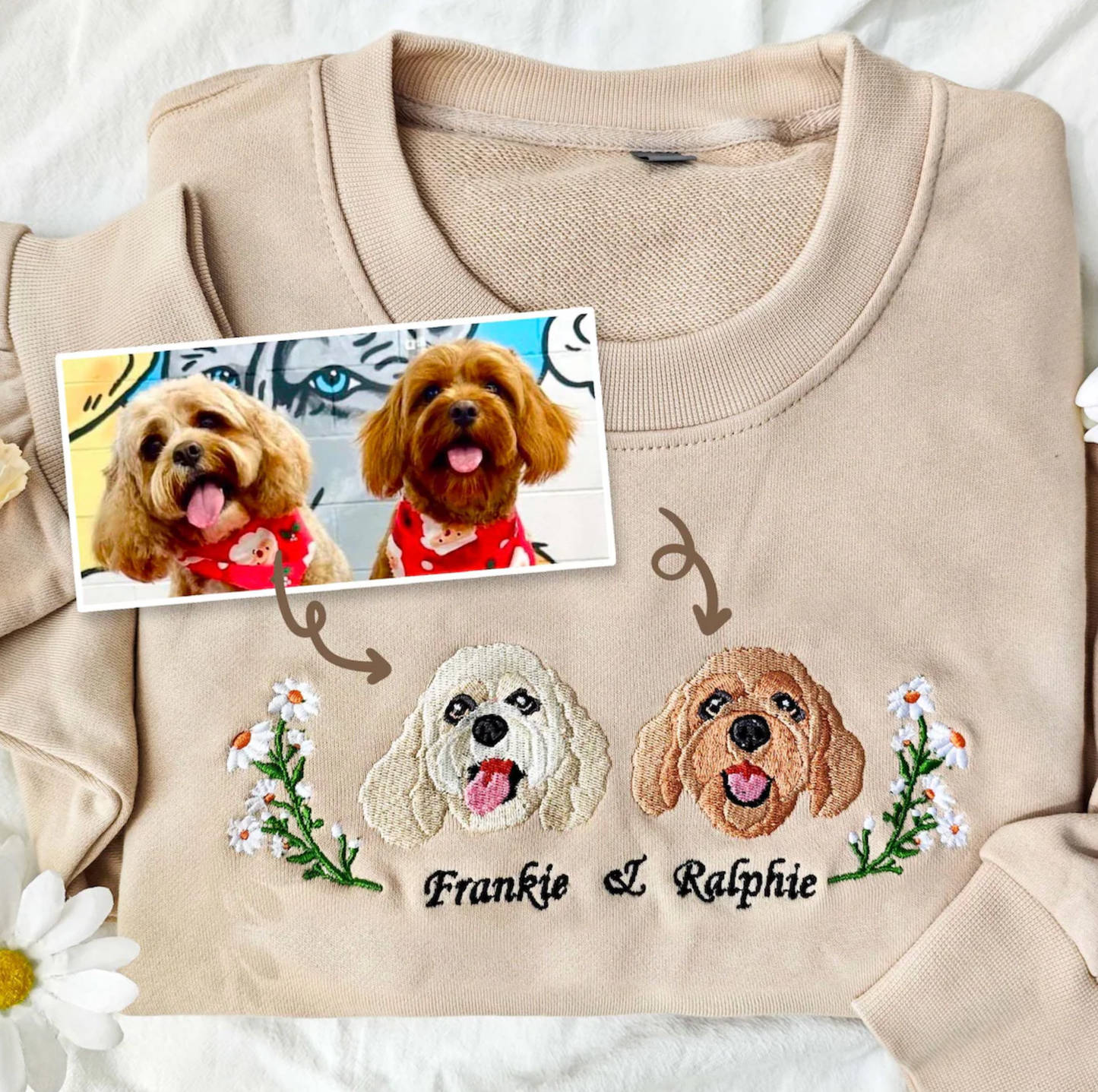 Custom Embroidered Sweatshirt With Pet Portrait  Flower