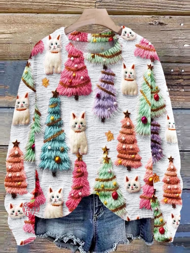 Christmas Tree Cute Cat 3D Print Knit Pullover Sweater