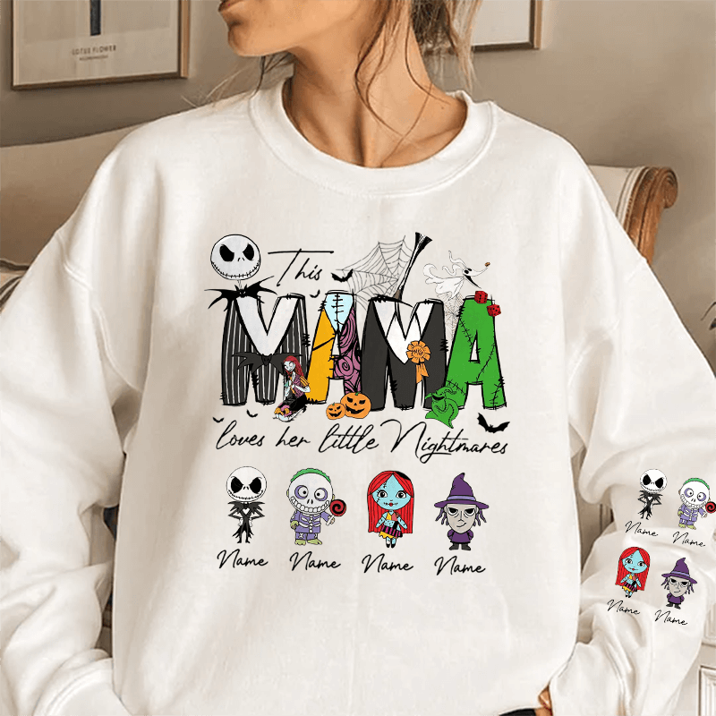 Personalized This Mama Loves Her Little Nightmares Sweatshirt, Mama Shirt With Kids Name, Spooky Season Halloween