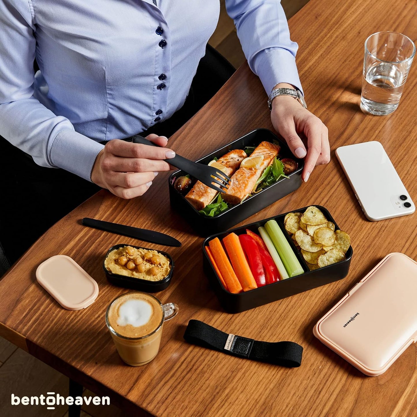 Bentoheaven Premium Bento Box Adult Lunch Box with 2 Compartments (40oz), Cutlery & Set of Chopsticks, Large Dip Container, Cute Black Japanese Bento Box, Rectangle, Microwavable (Outer Space)