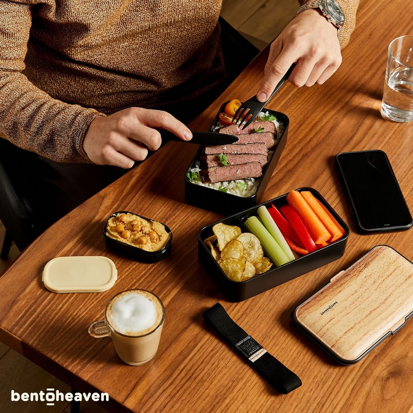 Bentoheaven Premium Bento Box Adult Lunch Box with 2 Compartments (40oz), Cutlery & Set of Chopsticks, Large Dip Container, Cute Black Japanese Bento Box, Rectangle, Microwavable (Outer Space)