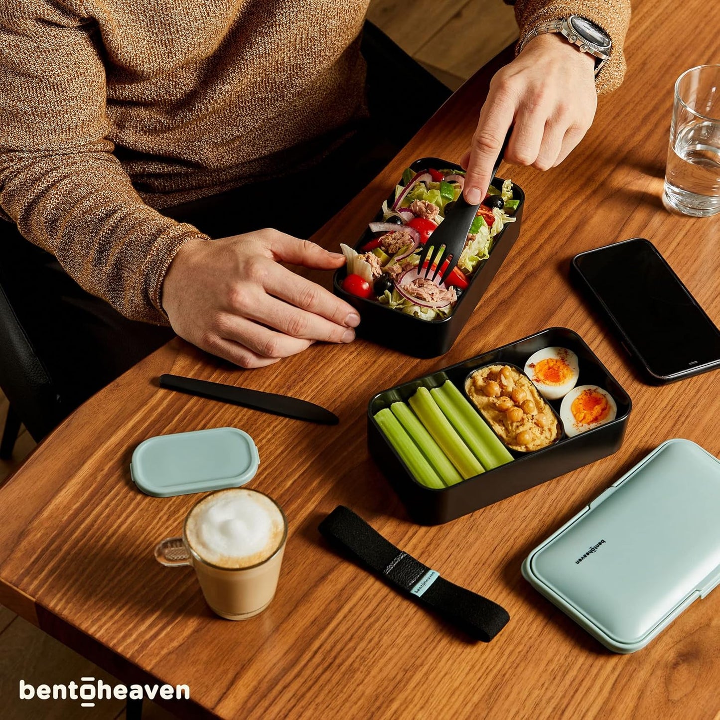 Bentoheaven Premium Bento Box Adult Lunch Box with 2 Compartments (40oz), Cutlery & Set of Chopsticks, Large Dip Container, Cute Black Japanese Bento Box, Rectangle, Microwavable (Outer Space)