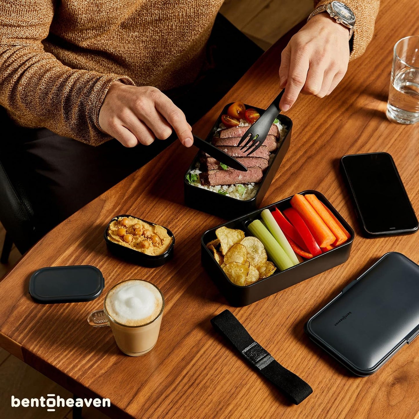 Bentoheaven Premium Bento Box Adult Lunch Box with 2 Compartments (40oz), Cutlery & Set of Chopsticks, Large Dip Container, Cute Black Japanese Bento Box, Rectangle, Microwavable (Outer Space)