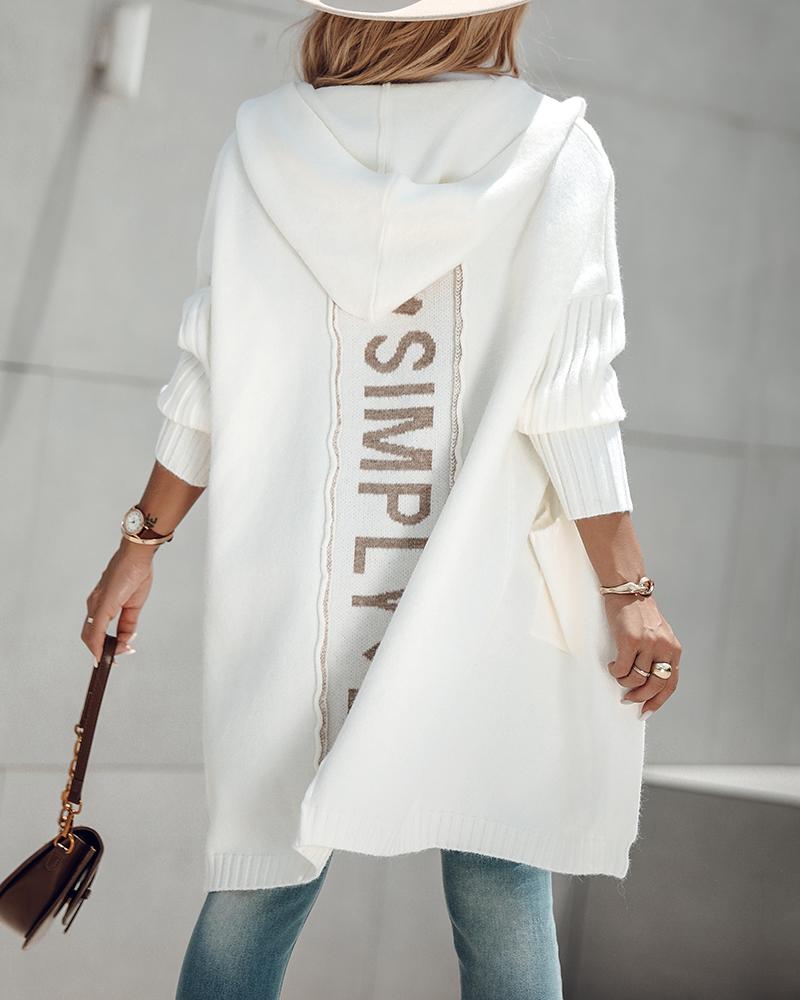 Letter Heart Pattern Long Cardigans Knitted Open Front Oversized Hooded Outerwear Sweater Coat