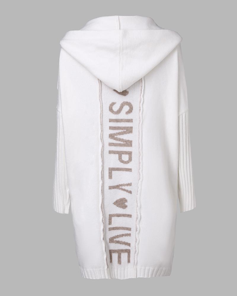 Letter Heart Pattern Long Cardigans Knitted Open Front Oversized Hooded Outerwear Sweater Coat