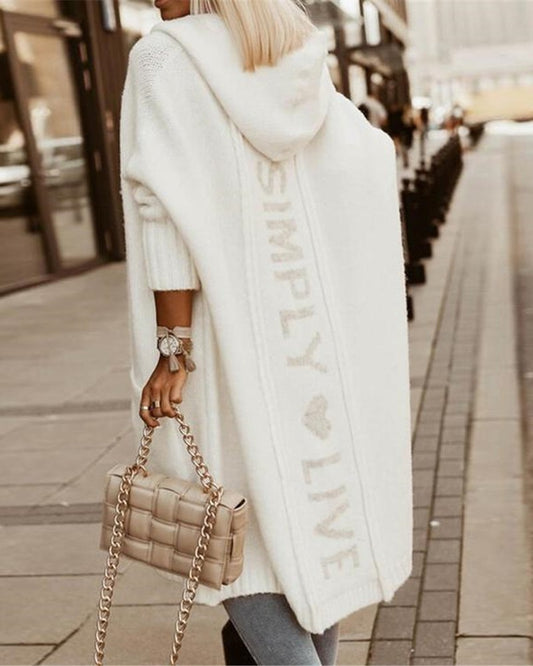 Letter Heart Pattern Long Cardigans Knitted Open Front Oversized Hooded Outerwear Sweater Coat