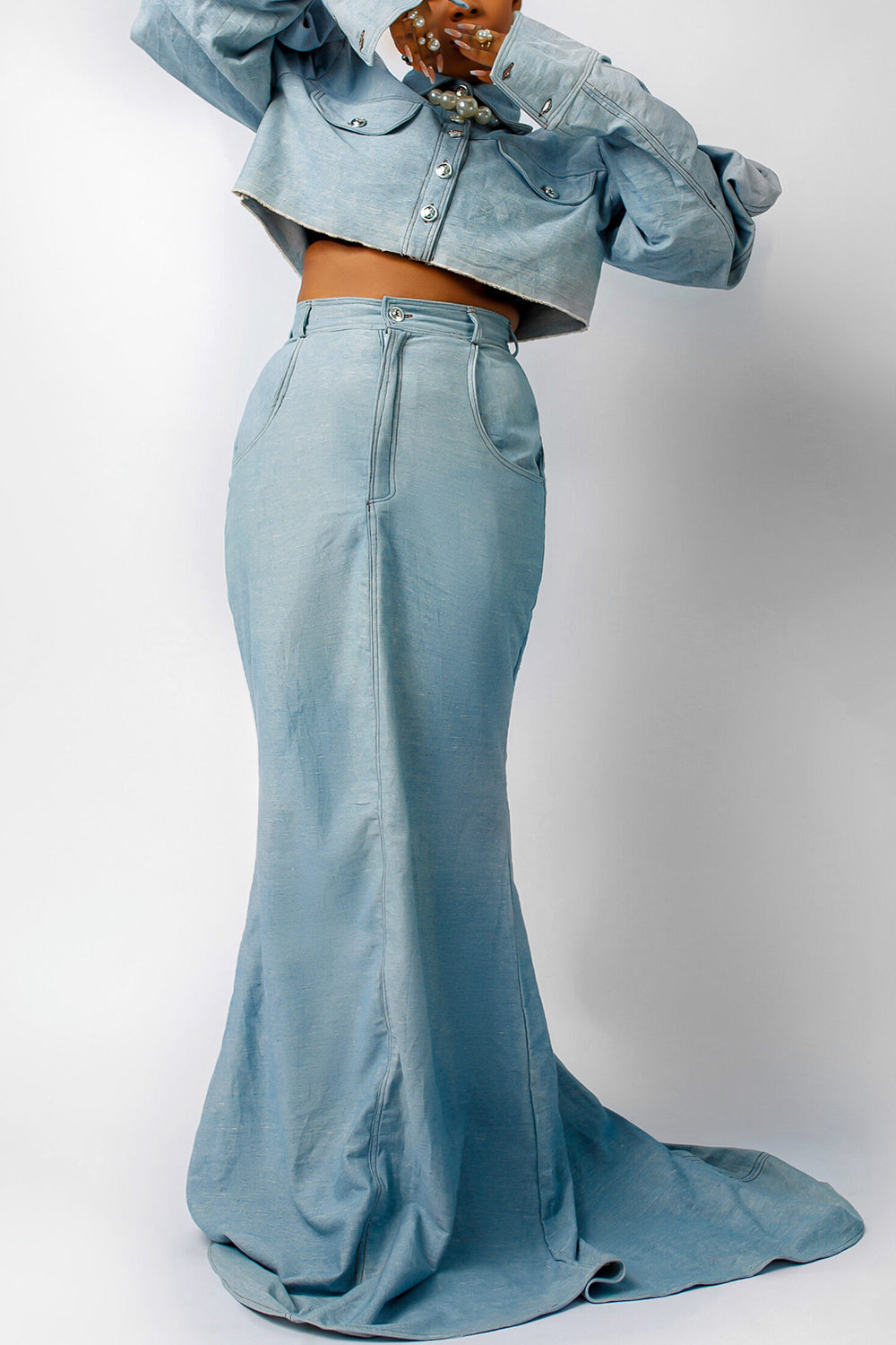 Plus Size Evening Gowns Light Blue Shirt Collar Long Sleeve Mermaid Tencel Denim Two Piece Skirt Sets [Pre-Order]