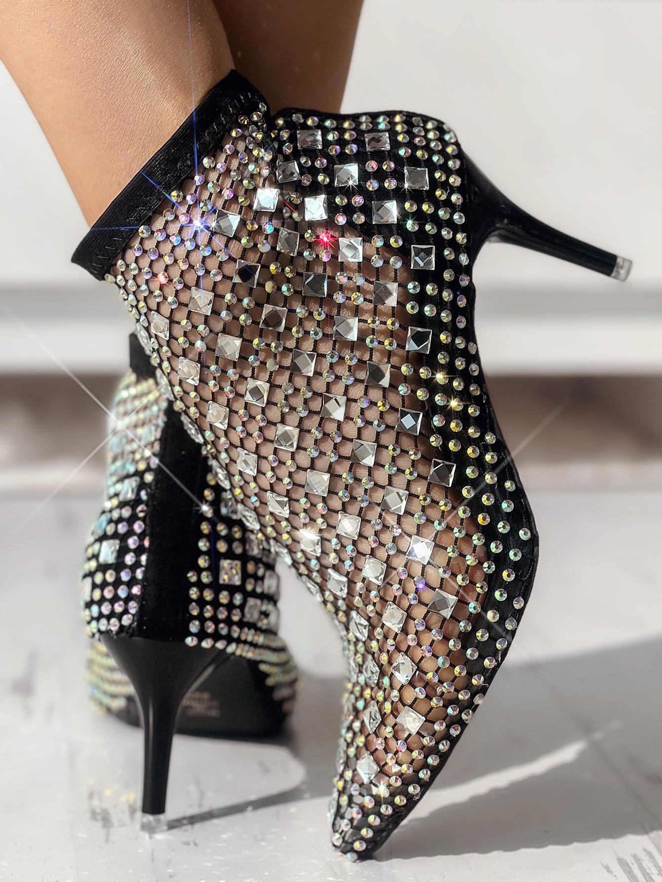 Hollow Out Rhinestone Stiletto Heel Boots