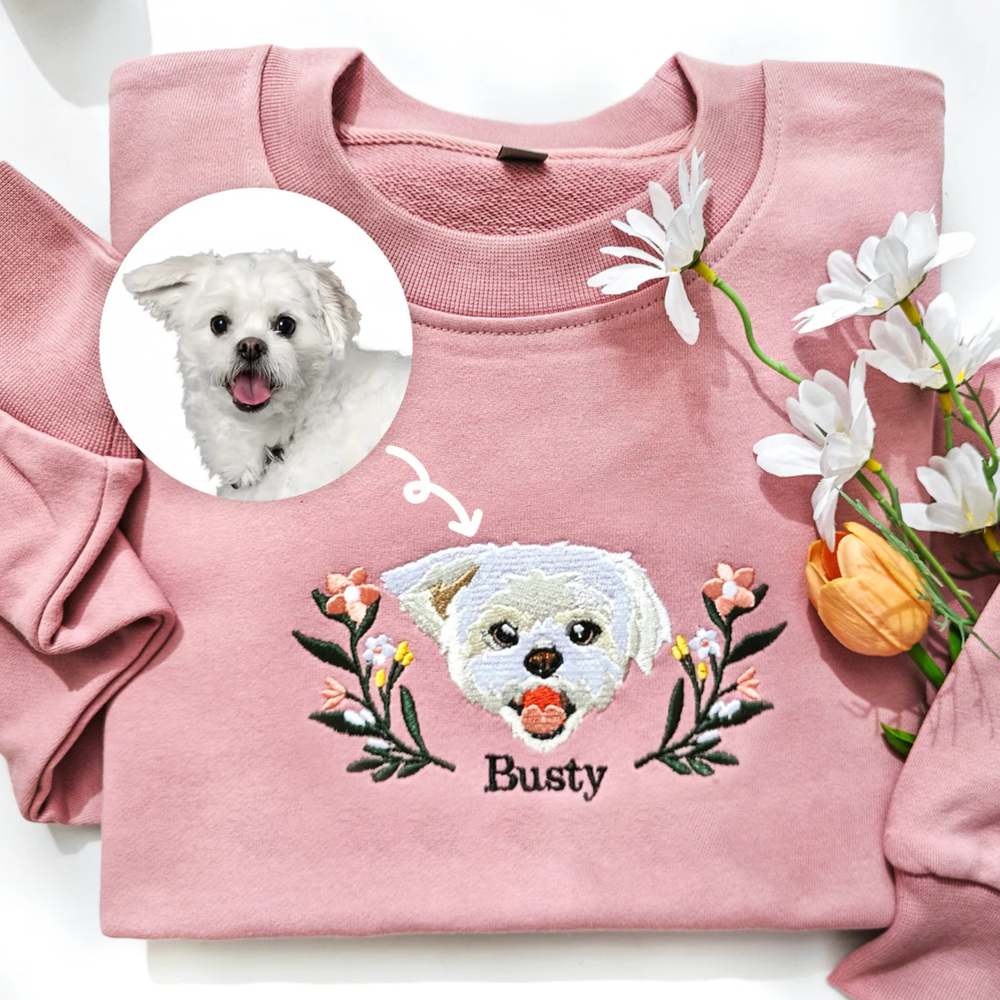 Custom Embroidered Sweatshirt With Pet Portrait  Flower