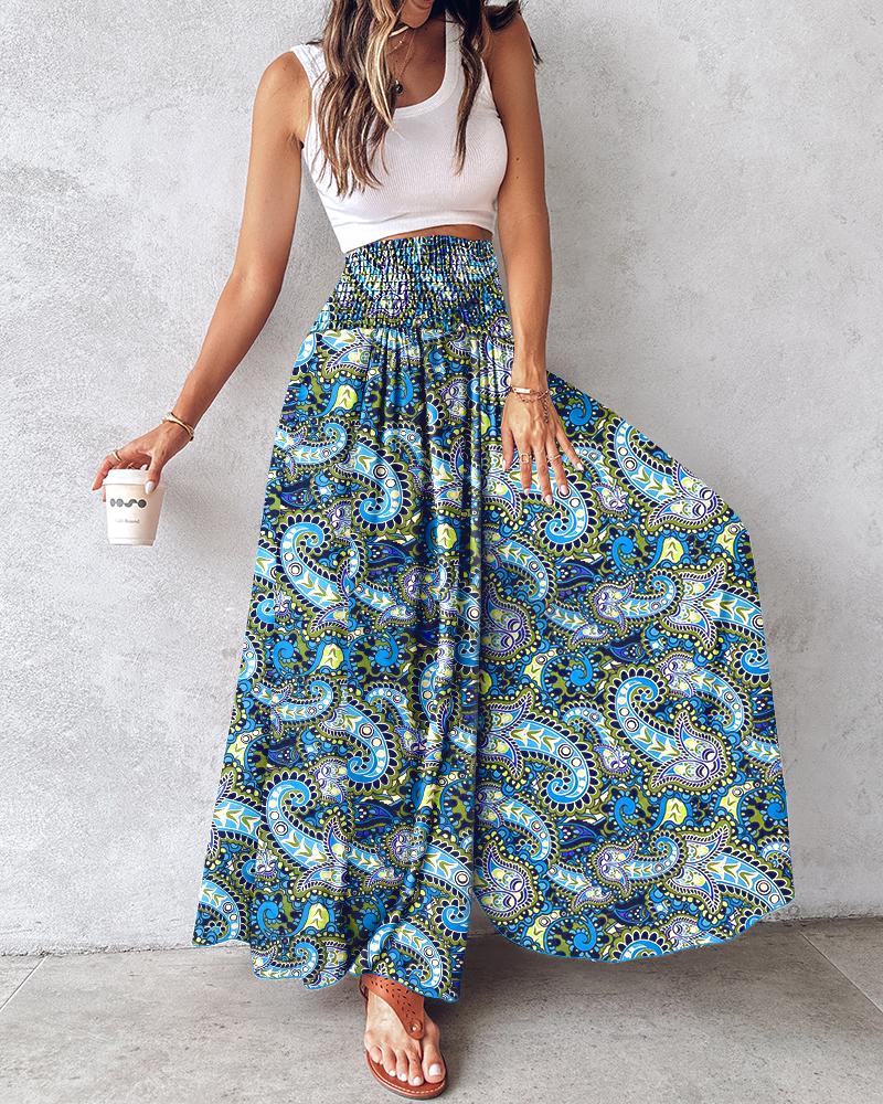 Geometric Tribal Print Shirred Wide Leg Pants