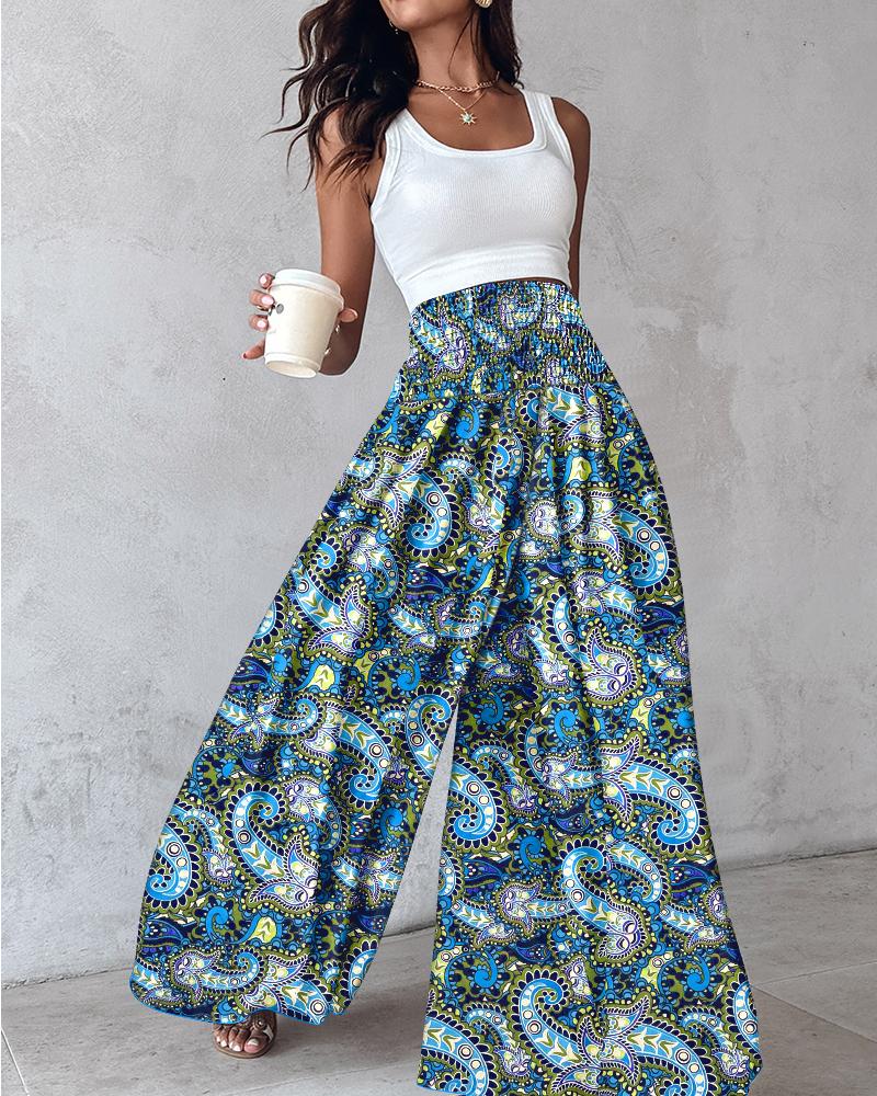 Geometric Tribal Print Shirred Wide Leg Pants