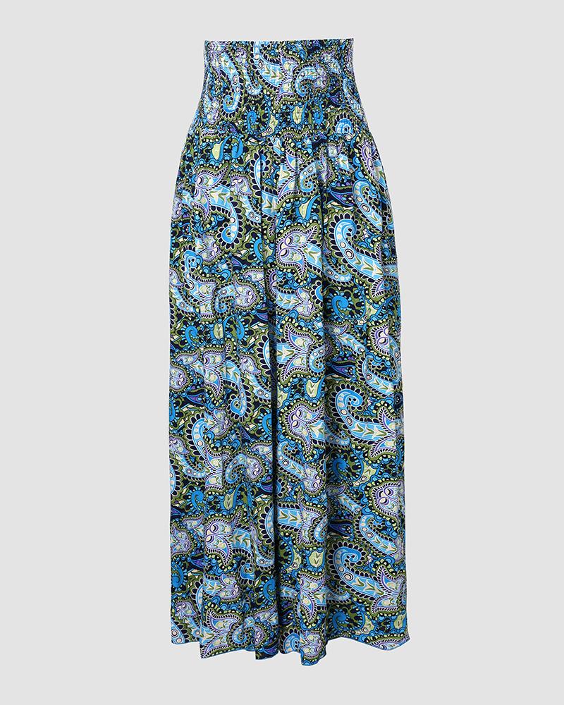 Geometric Tribal Print Shirred Wide Leg Pants