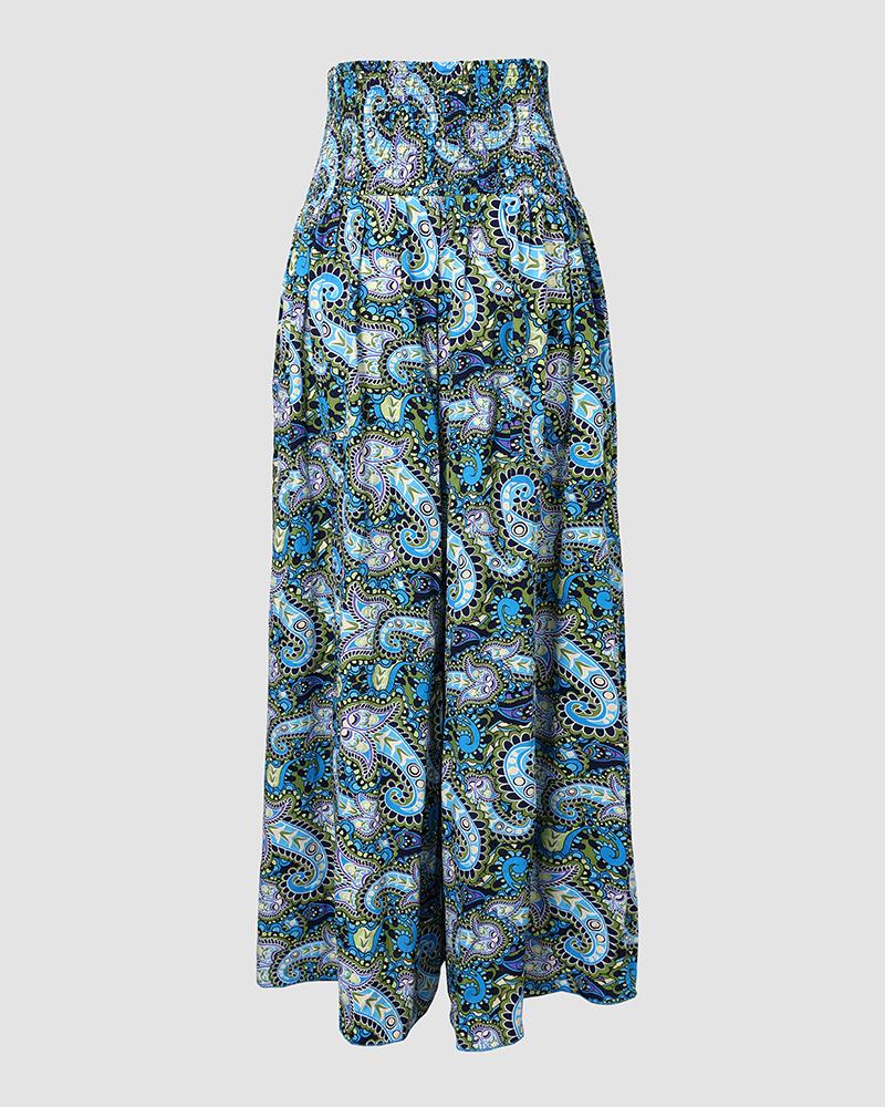 Geometric Tribal Print Shirred Wide Leg Pants