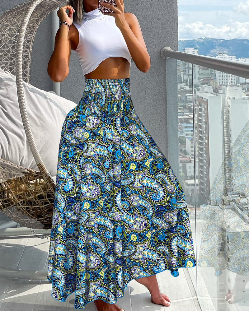 Geometric Tribal Print Shirred Wide Leg Pants