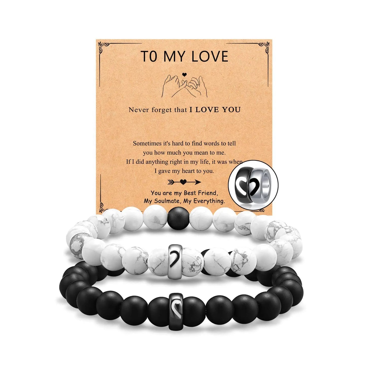 Black White Howlite Stone Bracelet Set Couple Stainless Steel Heart Beads Couple Bracelets Long Distance Gift Bangle Lover Gift