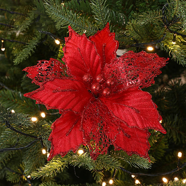 Christmas 24cm Gold Red Champagne Simulation Christmas Flower Handmade Maple Leaf Decoration Flower