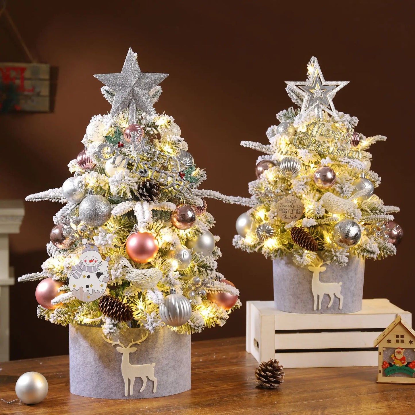 40cm/60cm Artificial Christmas Tree Set with LED Lights Star Treetop Ornaments Balls Bells Pine Cones