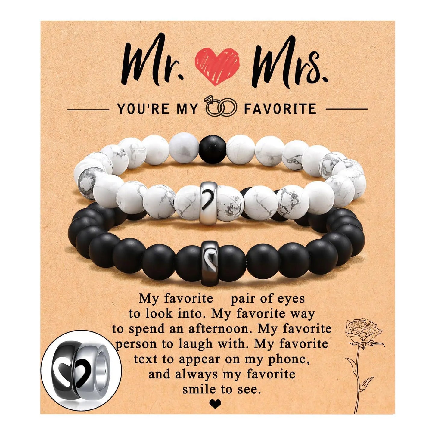 Black White Howlite Stone Bracelet Set Couple Stainless Steel Heart Beads Couple Bracelets Long Distance Gift Bangle Lover Gift