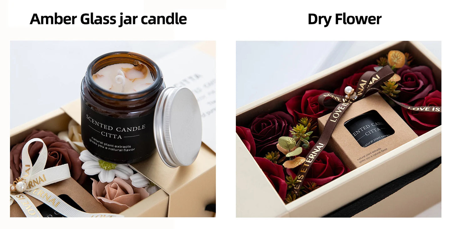 High end Wedding gift christmas gift amber scented candle sets luxury  gift set with preserved soap flower