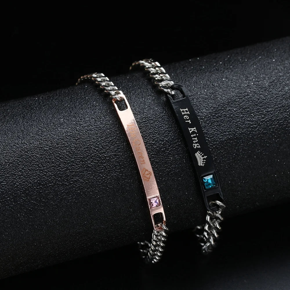 2 Style His Queen Her King Black Rose Gold Color Women's Male Chain Crystal Couple Bracelet for Men Femmo on Hands Jewelry