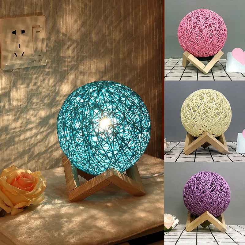 Bedroom Decor Table Lamp Wood Base Moon Light USB Bedside Lamp Rattan Ball Led Desk lamp