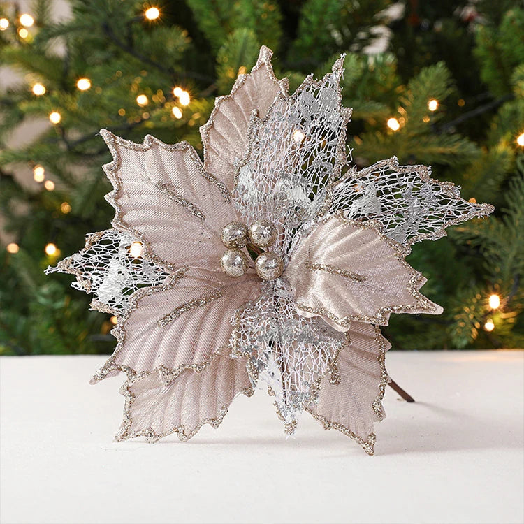 Christmas 24cm Gold Red Champagne Simulation Christmas Flower Handmade Maple Leaf Decoration Flower