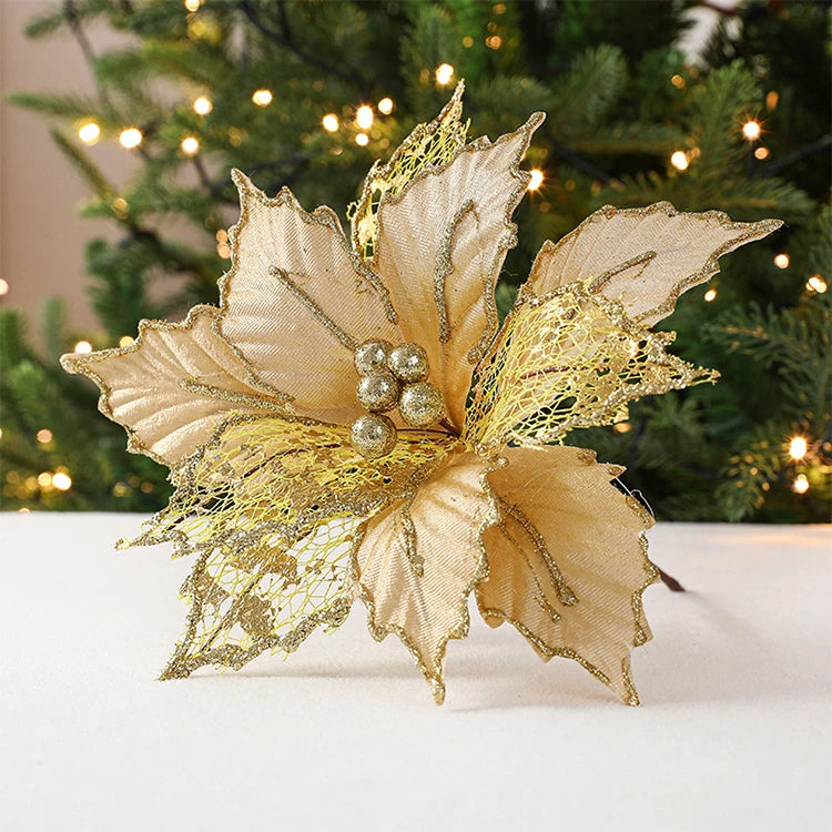 Christmas 24cm Gold Red Champagne Simulation Christmas Flower Handmade Maple Leaf Decoration Flower