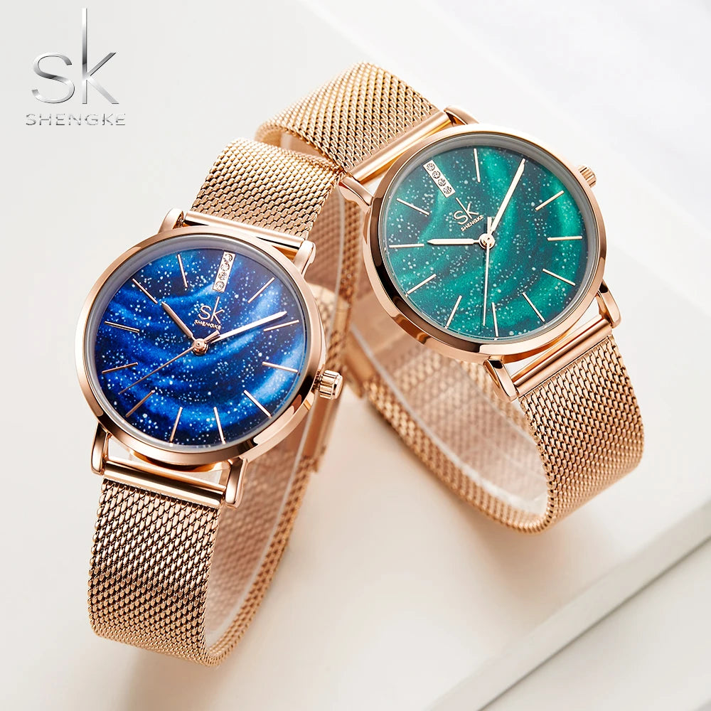 SHENGKE Snowflake Dial Christmas Gifts Wristwatches Vacuum Rose Gold Color Japanese Quartz Movement Gift Box Pack