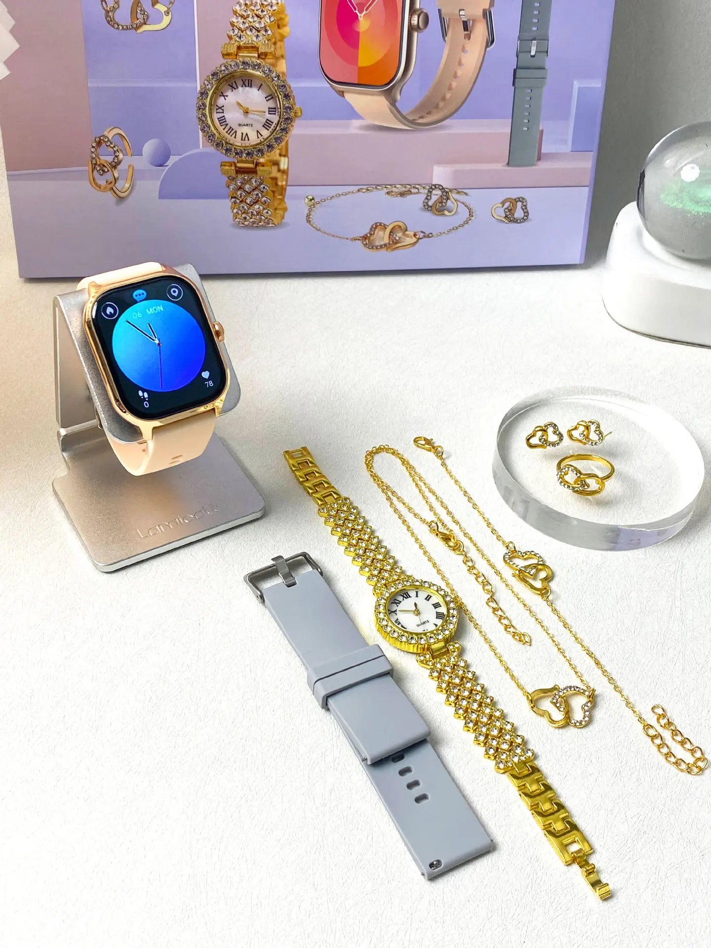 2025 Ladies Gold Watch Unique Combination Women's Smartwatch with Gold Necklace Smart Watch and Ring set for Women